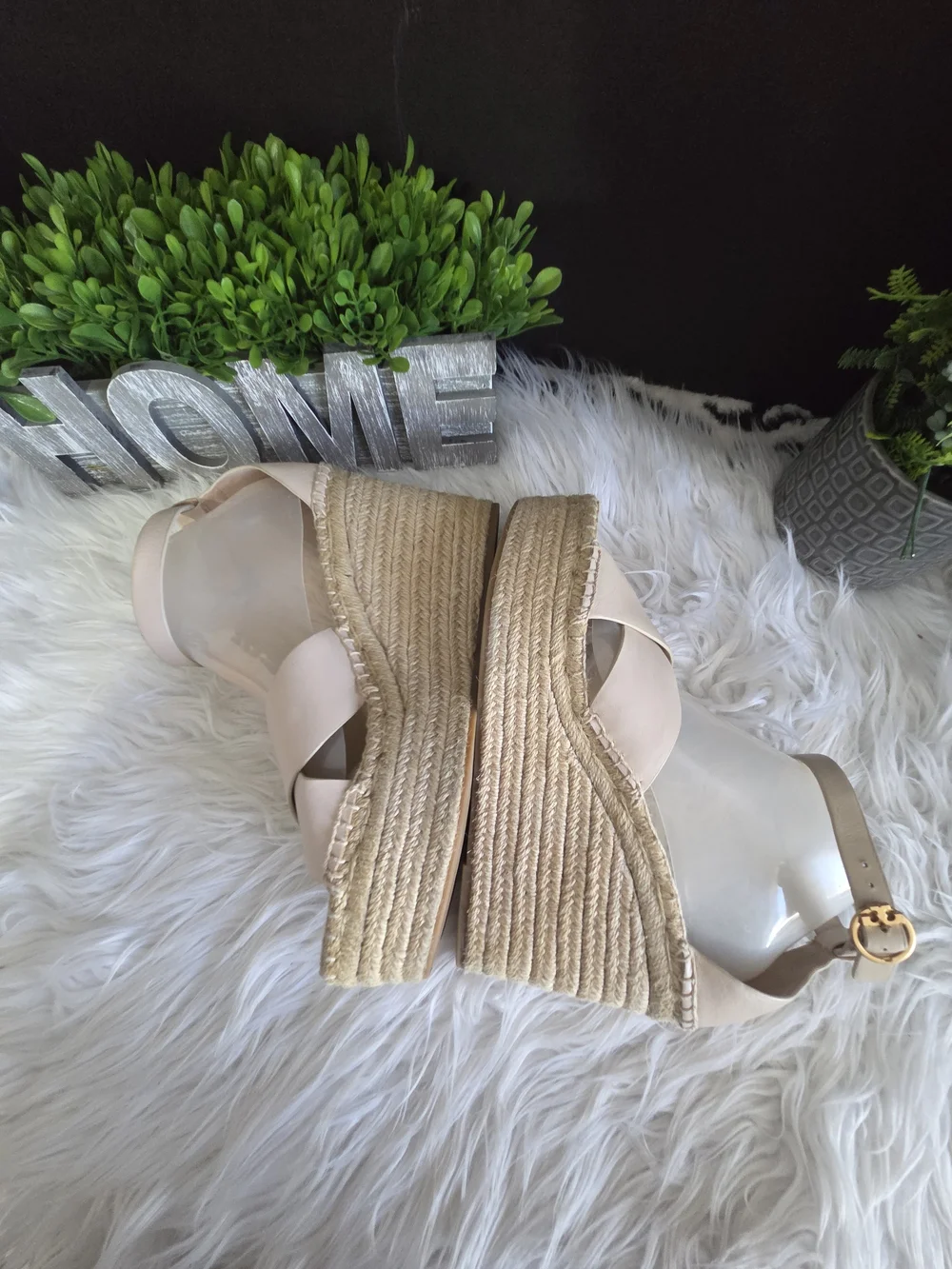 Tory Burch Selby Tan Leather Espadrille Ankle-Strap Wedge Sandals. Size 10
